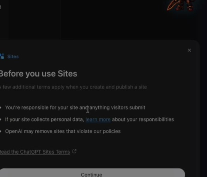 شاشة الشروط قبل أول استخدام لميزة Sites