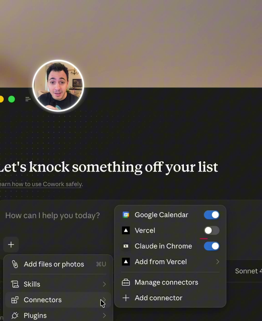 Claude in Chrome ظاهر ومفعّل داخل قائمة الشات