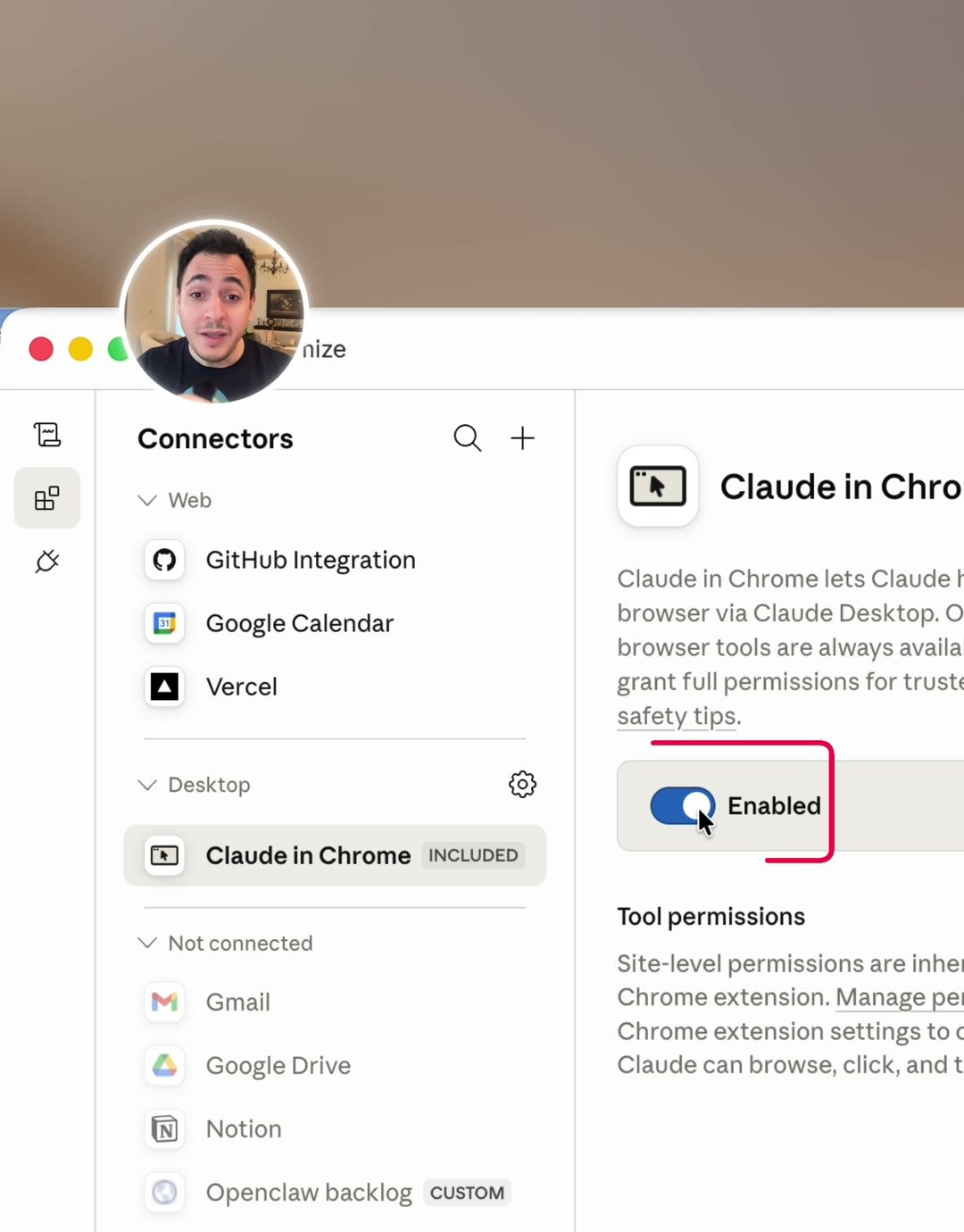 تفعيل Claude in Chrome من قائمة Connectors
