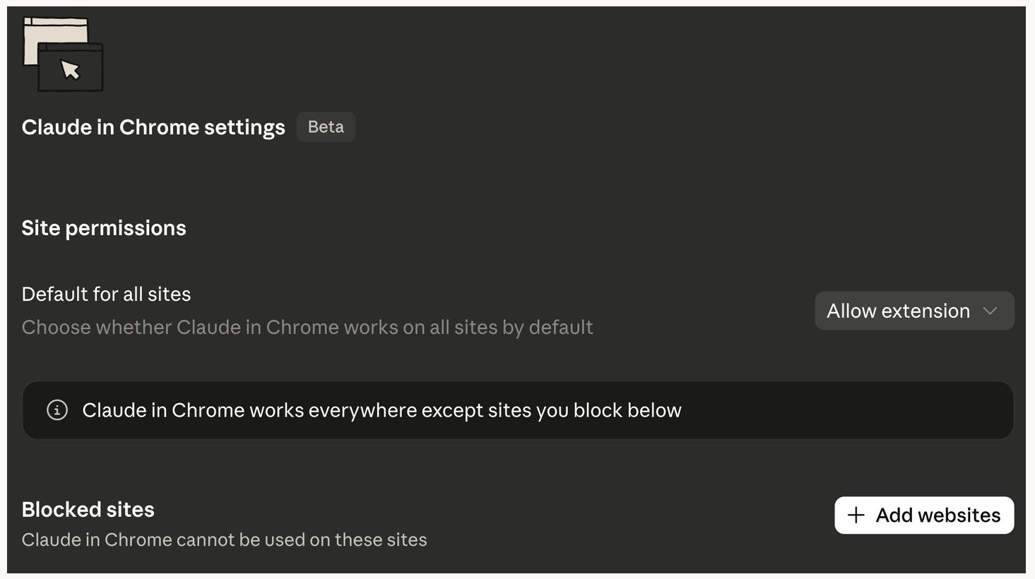 تأكدوا إن Claude in Chrome مفعّل على المواقع المطلوبة
