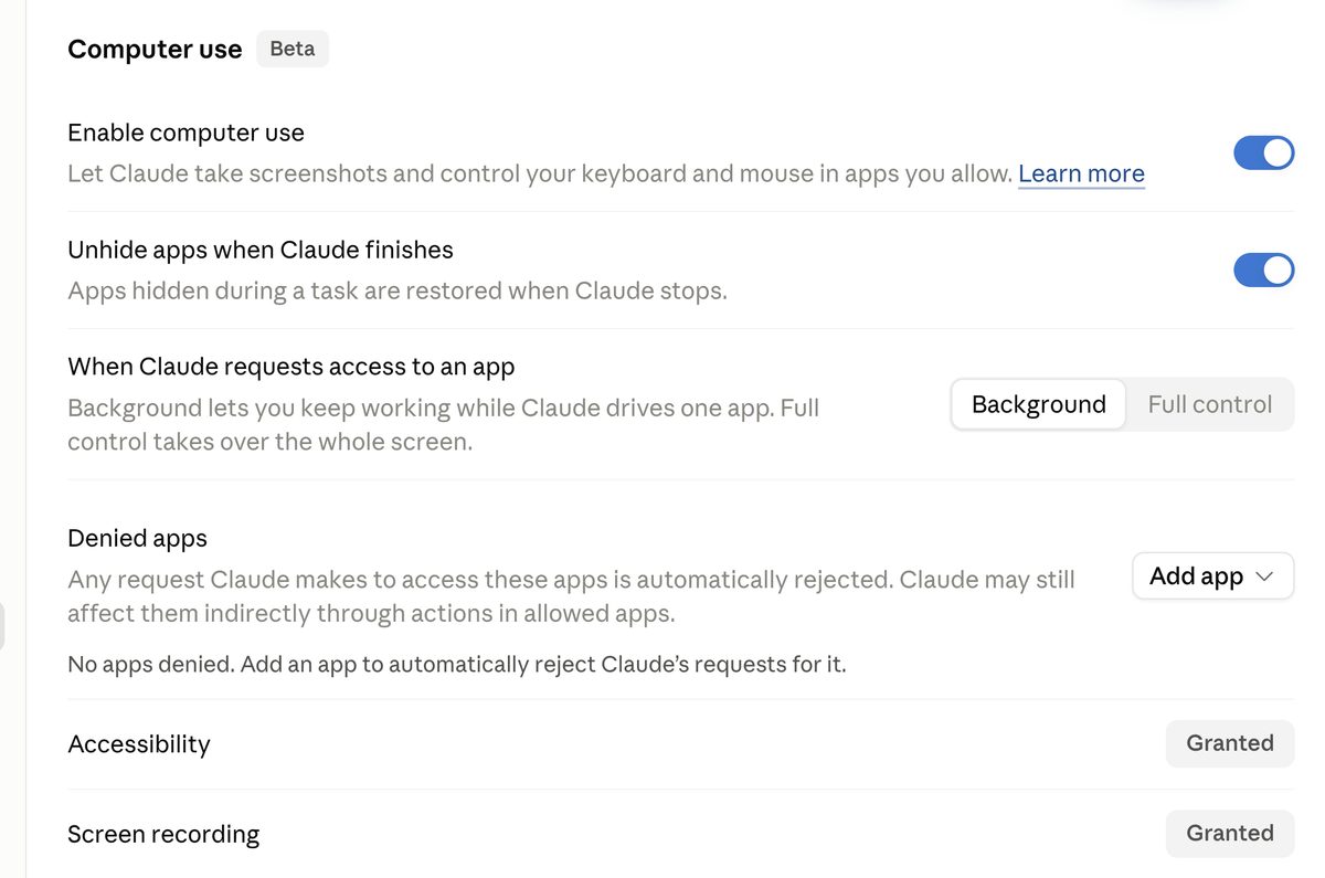 شغّلوا Enable computer use وتأكدوا من صلاحيات Accessibility وScreen recording