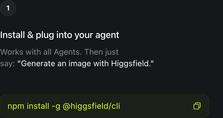 أمر تثبيت Higgsfield CLI من الصفحة الرسمية