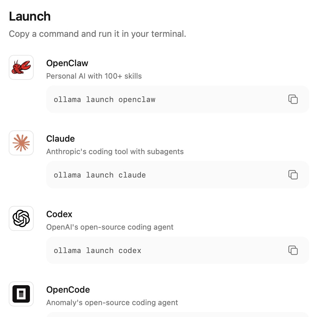 قسم Launch في Ollama لتشغيل أدوات AI محلية